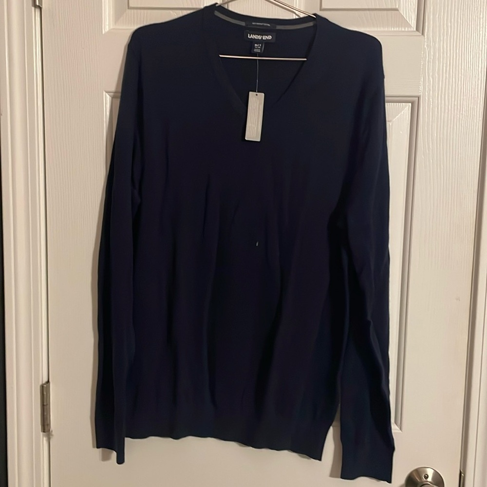 Lands End Men's Classic Fit Fine Gauge Supima Cotton V-neck Sweater in navy